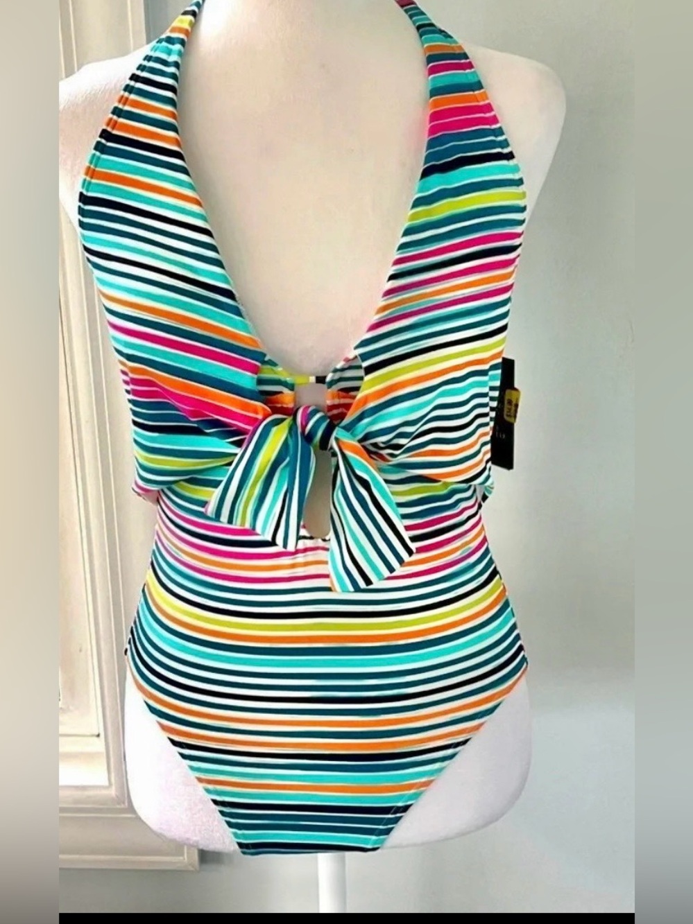 Vince Camuto Retro Striped Halter One-Piece Swimsuit Tie Front MultiColor 10 NWT